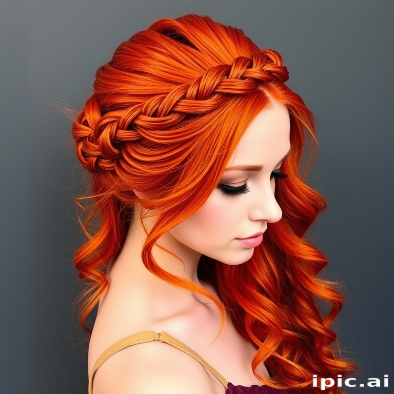 Fiery red mane styled in the "Phoenix Rising" half-up braided crown, long cascading curls reaching waist, bright copper highlights woven throughout, intricate fishtail braid circling head, loose tendrils framing face softly
