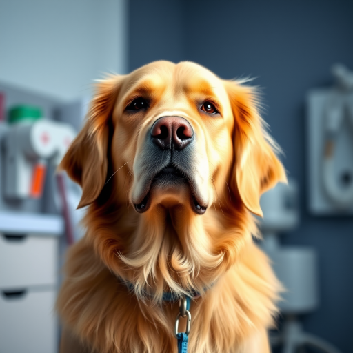 Generate an image of a golden retriever with a calm expression, standing in a veterinary clinic. The background should include soft lighting and hints of medical equipment. The dog should have a blue collar and be looking directly at the viewer.
