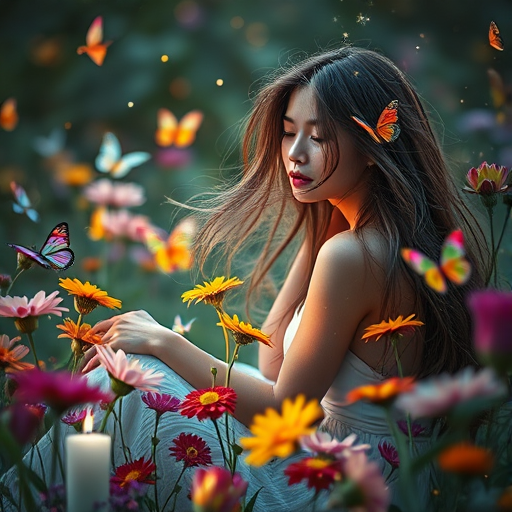 Create a mystical scene featuring a serene woman with flowing hair sitting among vibrant flowers, ethereal butterflies and sparkling lights surrounding her, captured with a Canon EOS R5 at f/1.4, ISO 100, 85mm lens, using a shallow depth of field to emphasize the dreamy atmosphere and bokeh effects.