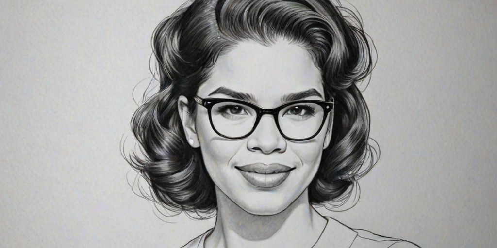 Dazzling America Ferrera, pencil sketch, portrait of Lovely woman 1953s in glasses, hair style beatnik, outline, clear lines, fine lines, 8k
