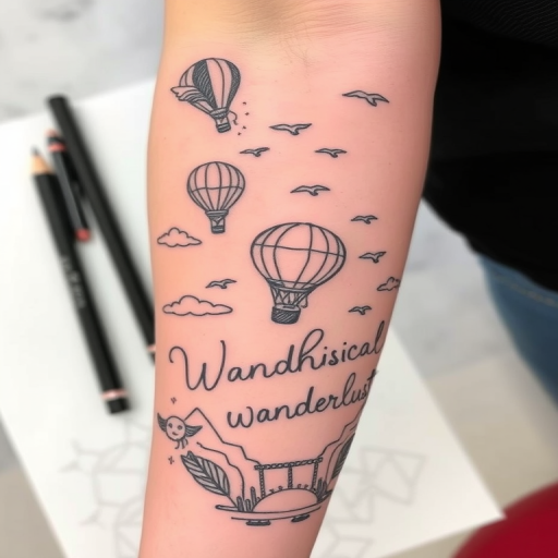 Sketch-style tattoo titled "Whimsical Wanderlust" depicting a fantastical landscape with flying hot air balloons, soaring birds, and flowing script, characterized by its loose, hand-drawn appearance and dreamy atmosphere