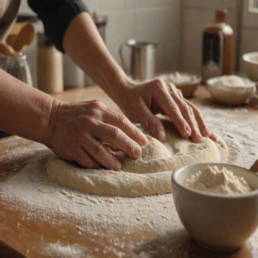 Warmly lit close-up of a pair of hands shaping dough on a flour-dusted countertop, with baking ingredients scattered around, and soft light from a nearby window creating a cozy kitchen scene.