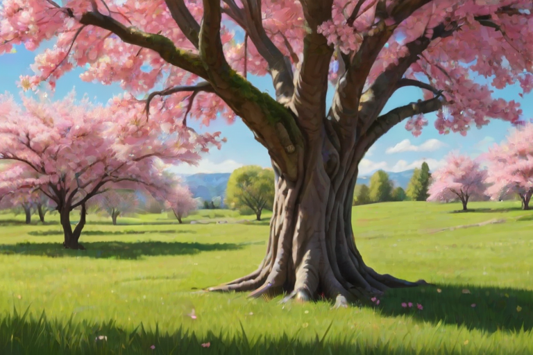 create a realistic illustration of a blooming cherry tree with vibrant pink flowers and a strong trunk surrounded by green grass in a bright, sunny setting