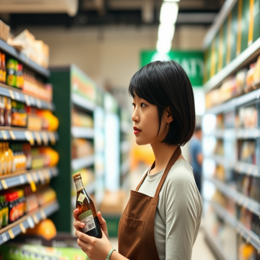 A young woman with short black hair wearing an apron in a grocery store, holding a bottle and looking at it thoughtfully, shot with a DSLR camera, 50mm lens, f/1.8, ISO 200, 1/100s, shallow depth of field, natural lighting.