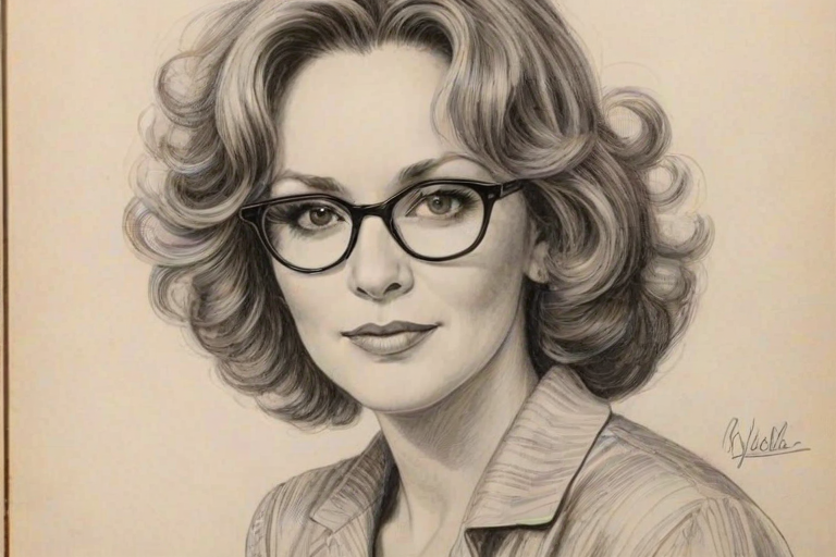 Attractive Bonnie Bedelia, pencil sketch, portrait of Radiant woman 1931s in glasses, hair style beatnik, outline, clear lines, fine lines, 8k