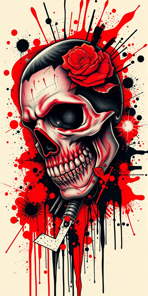 Trash polka "Urban Decay" tattoo composition combining realistic elements with abstract splashes smears and geometric shapes in a bold red and black color scheme for a striking and chaotic appearance