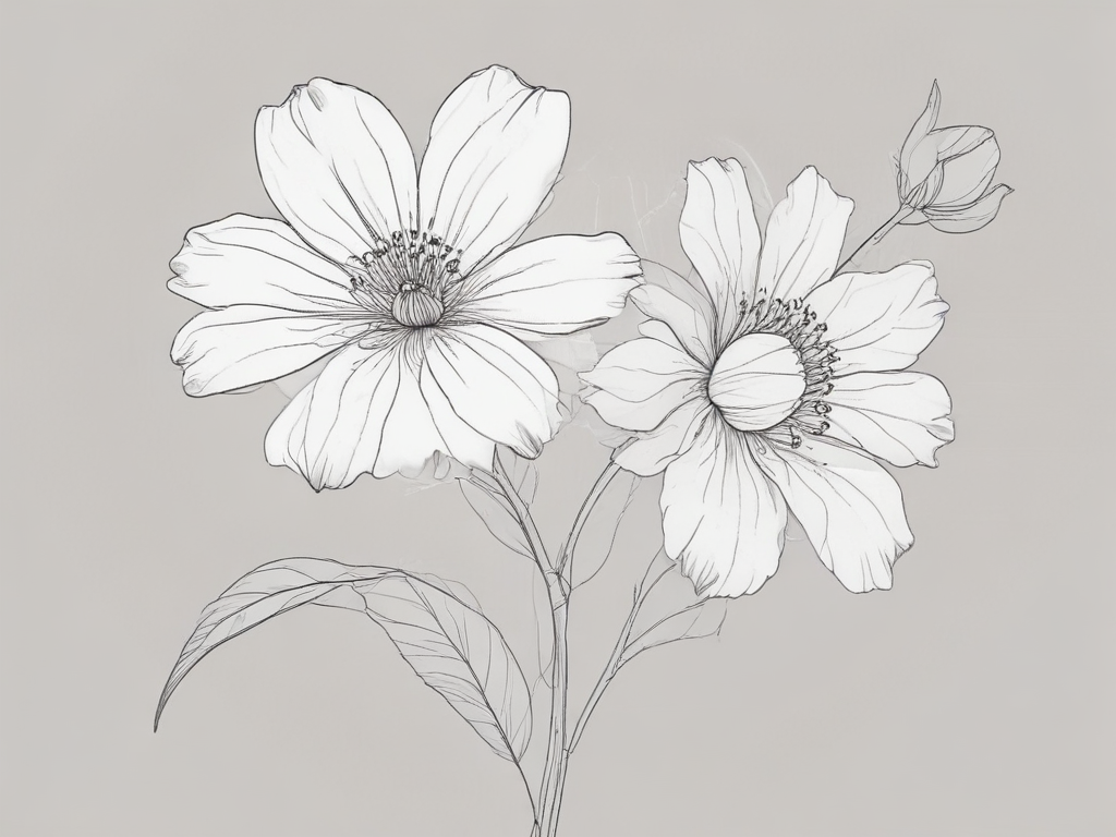 Delicate Outline Drawing of Two Elegant Flowers with Graceful Leaves.
