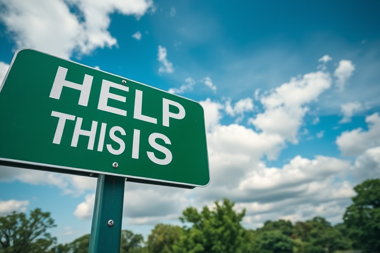 Generate a highly detailed image of a green directional sign with the text "HELP THIS WAY" in white letters, under a partly cloudy sky, captured with a DSLR camera at f/8 aperture, ISO 100, 50mm lens in landscape orientation.