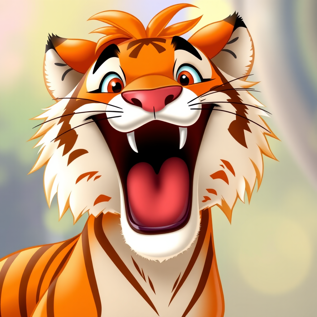 Disney style, cartoon illustration of an orange and white tiger with messy hair smiling very wide open mouth showing, in the Disney Pixar animation style, in the style of Don Bluth, full teeth body, with a very detailed face, very detailed eyes, very detailed fur, full color, very colorful, with a very colorful background, soft pastel colors, high resolution, high quality, high detail, hyper realistic