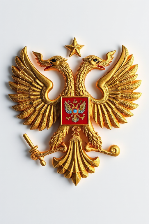 regenerate a detailed and high-resolution image of the Russian double-headed eagle emblem, using a DSLR camera with a 50mm lens, aperture set to f/8 for sharpness, ISO 100 for clarity, shot from a front view to capture intricate details, using a lighting setup that highlights the golden textures.