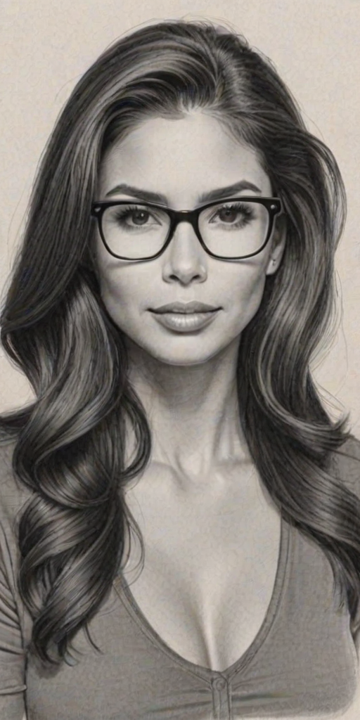 Radiant Roselyn Sanchez, pencil sketch, portrait of Bewitching woman 1944s in glasses, hair style beatnik, outline, clear lines, fine lines, 8k