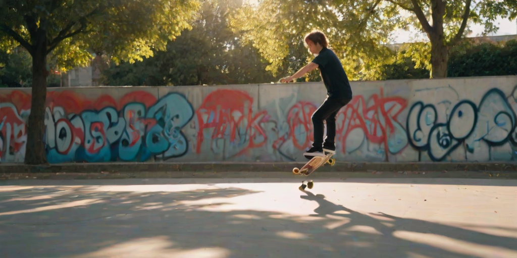 Blurry action shot of a skateboarder performing a trick in an urban park, graffiti-covered walls in the background, sunlight casting long shadows on the pavement, other skaters watching from the sidelines, soft sound of wheels on concrete filling the air.