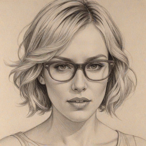 Captivating Natasha Bedingfield, pencil sketch, portrait of Delightful woman 1931s in glasses, hair style beatnik, outline, clear lines, fine lines, 8k