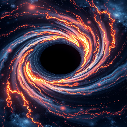 Create a high-resolution image of a swirling black hole at the center of a cosmic landscape with glowing streams of energy spiraling into it, using a wide-angle lens with an aperture of f/2.8, ISO 100, and a shutter speed of 1/125s, in a digital format with vibrant colors and intricate details.