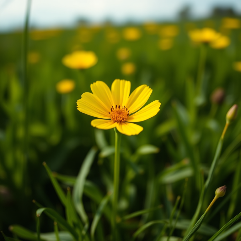 Close-up of a vibrant yellow buttercup flower in a rich green field, shallow depth of field, aperture f/2.8, ISO 200, 50mm lens, soft natural lighting, captured with a digital DSLR, with slight bokeh effect in the background.