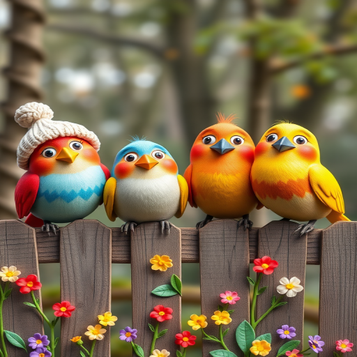 create a scene of 4 quirky  whimsical colourful comical birds each with a funny expression. they are sat on a wooden fence with colourful flowers. they are all different sizes. each one is a different colour  one is wearing a woolly hat. Each one has a different quirky google expression and there is a muted background of trees watercolour paintierly style high definition 8k resolution 3D paper mache