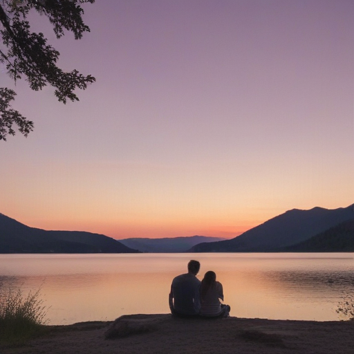 A couple sitting near a pastel pink sunset at a lake with trees and ...