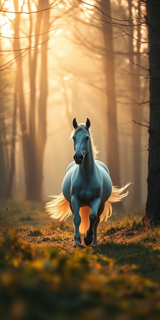 A majestic unicorn trotting through a misty forest at dawn, soft golden light filtering through the trees, captured with a Canon EOS R5, 85mm f/1.2 lens, ISO 100, aperture f/1.8, shutter speed 1/200s, focus on the unicorn with a shallow depth of field for a dreamy effect.