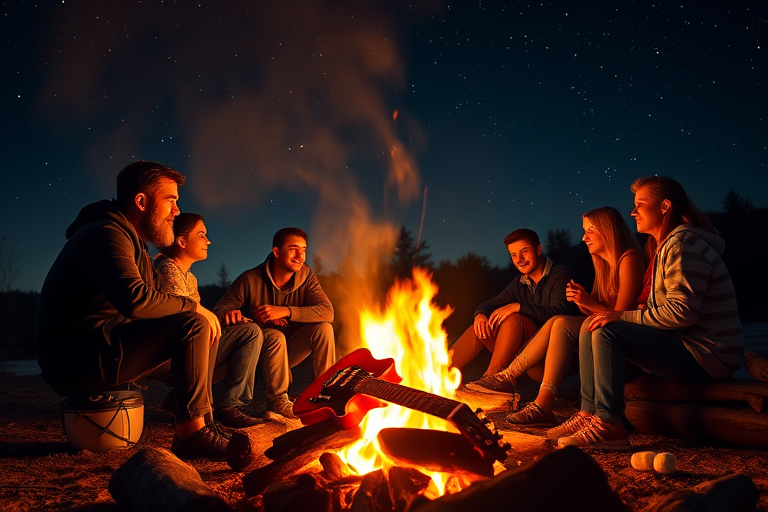 Warmly lit photo of a group of friends sitting around a campfire under a starry sky, soft golden light from the flames illuminating their faces, with a guitar leaning against a log and marshmallows roasting over the fire.