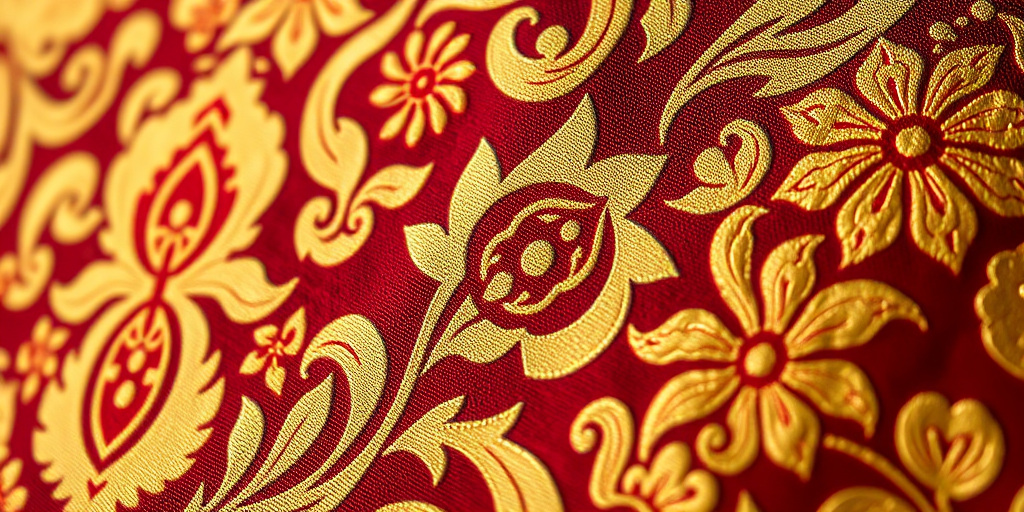Detailed close-up of a richly patterned textile featuring intricate floral and geometric designs in gold and red hues, captured with a DSLR camera using a 50mm lens, aperture set to f/2.8, ISO 100, and a soft diffused lighting setup to enhance texture and color vibrancy.