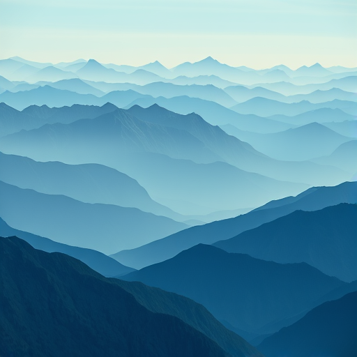 Generate a high-resolution digital illustration of layered mountains in various shades of blue, with a panoramic view, using a DSLR camera with a 50mm lens, aperture f/8, ISO 100, and a soft lighting setup to enhance depth and contrast.