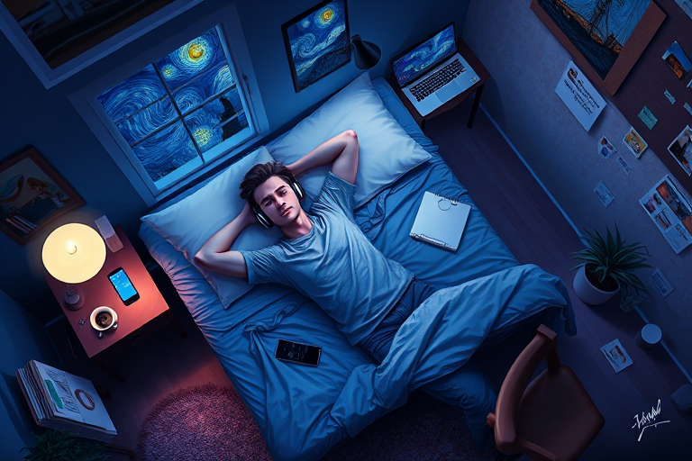 A top-down Van Gogh-style painting of a young man lying on his bed, listening to music with headphones. The room is softly lit with deep blues and purples, creating a peaceful nighttime atmosphere. The bed has a soft pillow, and the man's arms are resting behind his head. Around the bed, various glowing gadgets such as a smartphone, a laptop, and a small lamp are visible, casting a gentle light. The rest of the bedroom includes a desk with books, a chair, and a small rug on the floor. A window near the bed reveals a starry night sky with swirling stars, reminiscent of Van Gogh's 'Starry Night.' On the desk, there is a sketchbook with colorful drawings, a cup of coffee steaming gently, and a small potted plant. The walls have posters of famous paintings and a corkboard with pinned notes and photos. The scene is full of dynamic, swirling brushstrokes, capturing the essence of Van Gogh's unique style. The overall mood is serene and contemplative, with a touch of artistic inspiration.