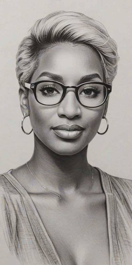 Captivating Nene Leakes, pencil sketch, portrait of Comely woman 1980s in glasses, hair style beatnik, outline, clear lines, fine lines, 8k
