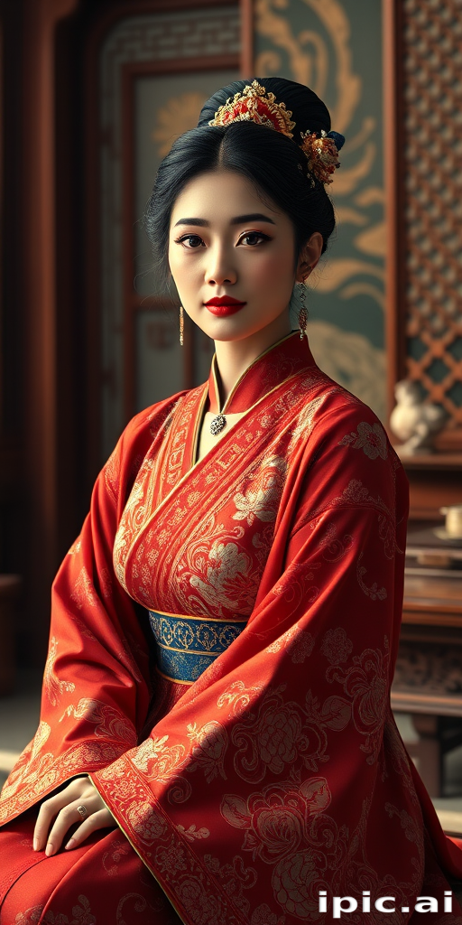 A beautiful woman in traditional East Asian attire, intricately detailed with embroidered patterns, sitting gracefully in a richly decorated room, soft ambient lighting, serene and elegant, ultra-realistic, 8K resolution