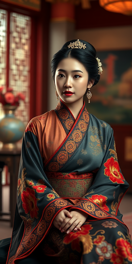 A beautiful Latino woman in traditional East Asian attire, intricately detailed with embroidered patterns, sitting gracefully in a richly decorated room, soft ambient lighting, serene and elegant, ultra-realistic, 8K resolution