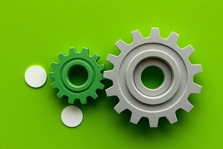 Create an image of two interlocking gears, one green and one gray, with three white circular shapes around them, using a DSLR camera with a 50mm lens, aperture set to f/4, ISO 100, and a slight macro focus for detail enhancement.