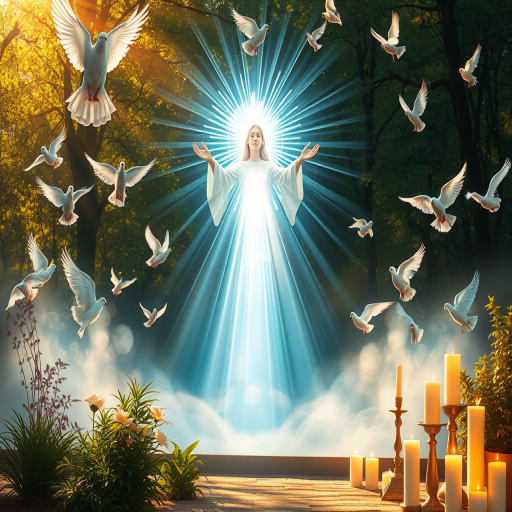 Create a digital painting of a serene scene with a divine figure radiating light, surrounded by ethereal beings, doves in flight, and a tranquil setting with plants and candles, shot with a DSLR camera at f/2.8, 50mm lens, ISO 100, soft focus background, and warm light filtering through trees for enhanced quality.