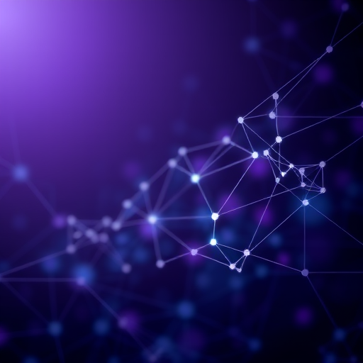 Abstract digital background with interconnected lines and nodes, featuring a gradient of dark purple and blue colors, captured with a Nikon D850, aperture f/8, ISO 100, 24mm focal length, using a high dynamic range imaging style.