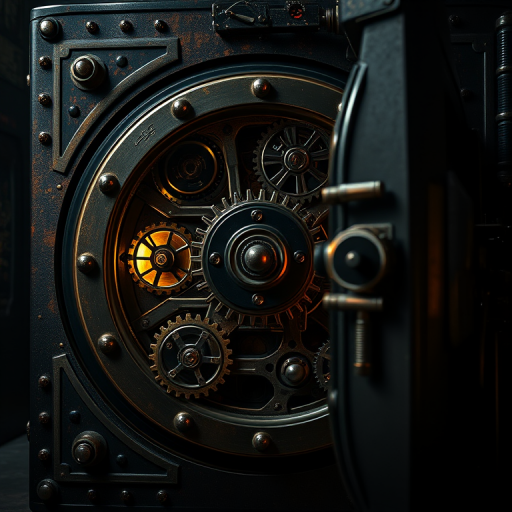 Regenerate a high-resolution image of an intricately designed mechanical safe with detailed gears and a glowing mechanism, shot with a Canon EOS R5, 50mm lens, aperture f/1.8, ISO 200, in a dimly lit steampunk setting with dramatic lighting to highlight textures and reflections.