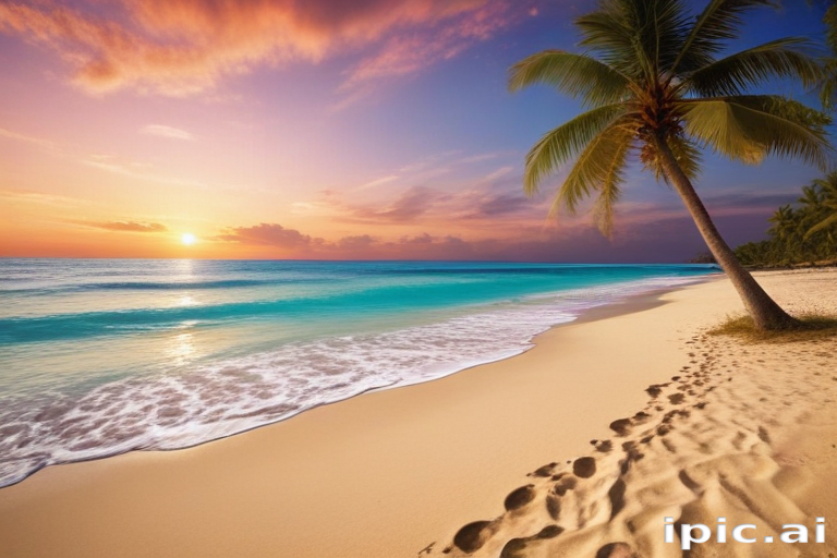 Tranquil Sunset Over a Serene Beach with Palm Trees and Waves