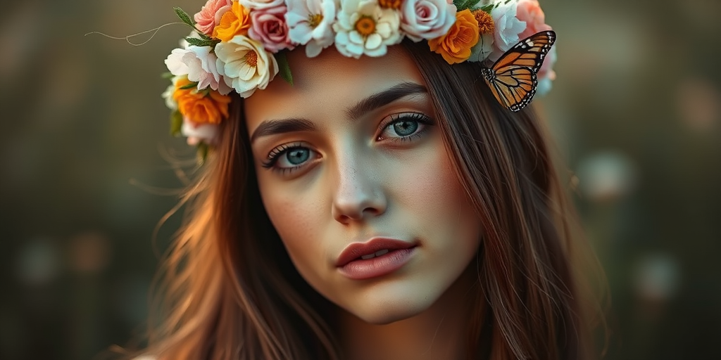 portrait of a serene young woman with a floral crown and butterfly in her hair, soft ethereal lighting, shallow depth of field, f/1.8 aperture, 85mm lens, full-frame camera, golden hour lighting, high dynamic range