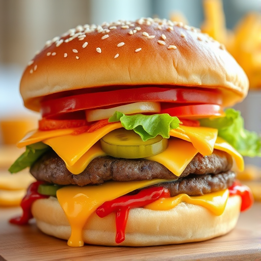 High-resolution, close-up image of a gourmet double cheeseburger. The burger features a glossy, sesame-seed-topped brioche bun. Inside, there are two thick, juicy beef patties, each topped with melted cheddar cheese. The burger is garnished with fresh lettuce, tomato slices, diced onions, and pickles. A generous amount of ketchup and a creamy, orange-colored sauce is dripping down the sides, adding to the mouth-watering appeal. In the background, there are blurred elements including a side of golden French fries and a hint of a beverage, enhancing the overall presentation of a delicious meal.