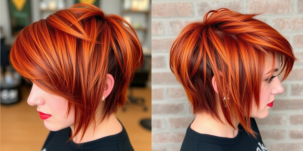 Fiery copper pixie-mullet hybrid, styled by "Rebel Roots" hair artisans, combining a short, choppy fringe with longer layers at the nape, featuring bold tangerine highlights and subtle lowlights in deep mahogany, creating a dynamic, edgy look that exudes confidence and creativity.
