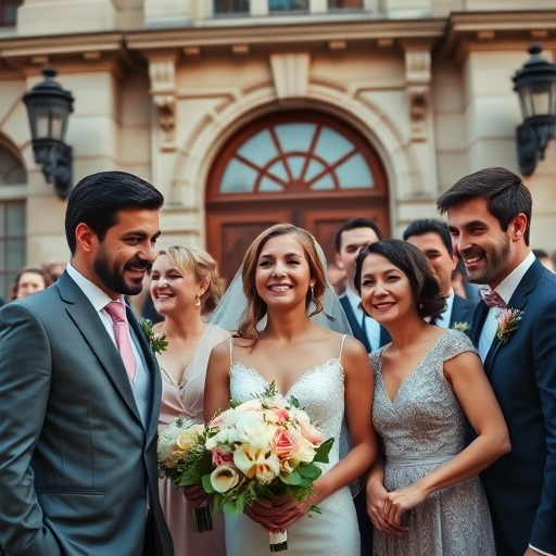 wedding party portrait, soft natural lighting, DSLR camera, f/2.8 aperture, 50mm lens, ISO 200, shallow depth of field, vibrant colors, slightly elevated angle, emotional expressions, formal attire, in front of classic architecture, capturing joy and elegance