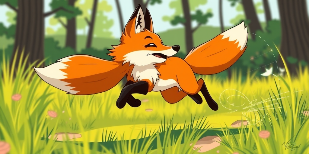 A stylized illustration of a running fox, captured from a low angle with a wide-angle lens, f/4 aperture, 1/500 sec shutter speed, ISO 200, bright natural light for vibrant colors, emphasizing motion and dynamic pose.