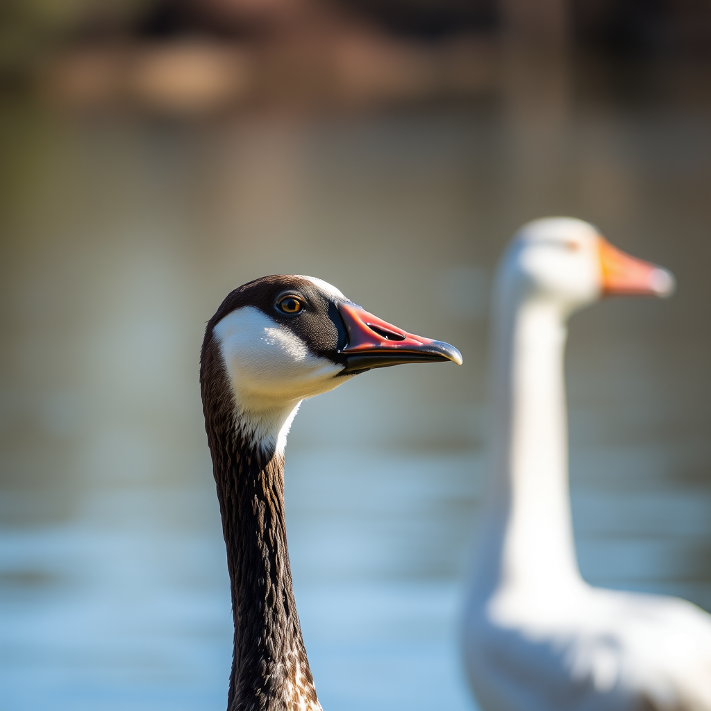 Capture a close-up shot of a goose standing near water with a blurred background, using a DSLR camera, aperture f/2.8, ISO 200, 50mm lens, natural lighting for enhanced color and detail.