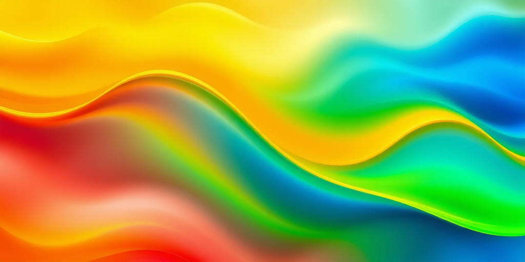 Create a vibrant abstract wave pattern with smooth gradients transitioning from orange to yellow to green to blue, captured with a Canon EOS 5D Mark IV, aperture f/8, shutter speed 1/125s, ISO 100, in a vibrant color style using a top-down view.