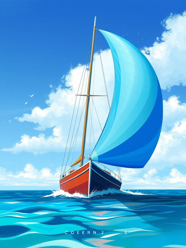 Create a highly detailed illustration of a sailboat with a large blue sail, captured from a slightly above angle using a DSLR camera at f/8, ISO 100, and 1/250s, with a soft focus background and vibrant colors.