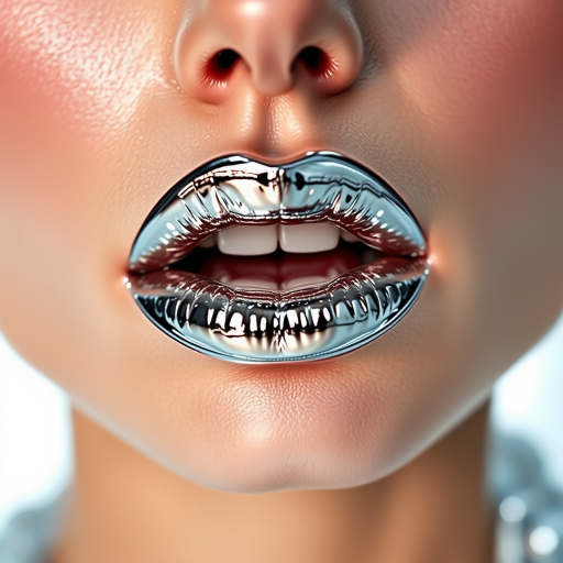 Metallic silver lips with a chrome-like finish, reflecting light and creating a futuristic, space-age look for an avant-garde runway show