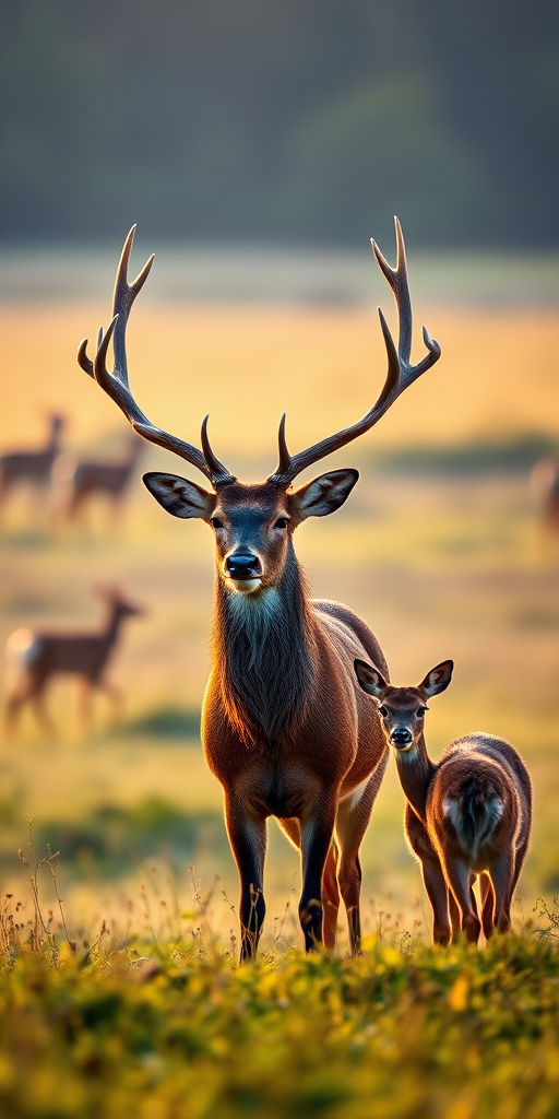Capture a majestic stag with large antlers standing tall in a serene meadow, accompanied by two doe, early morning light creating a soft glow, use a DSLR camera with a 70-200mm lens, aperture f/2.8, shutter speed 1/1000s, ISO 400, shallow depth of field for a blurred background.