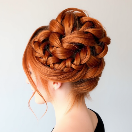 Fiery copper-red locks styled in the "Phoenix Rising" updo showcase intricate braids forming flame-like patterns, with wispy tendrils framing the face for a ethereal look