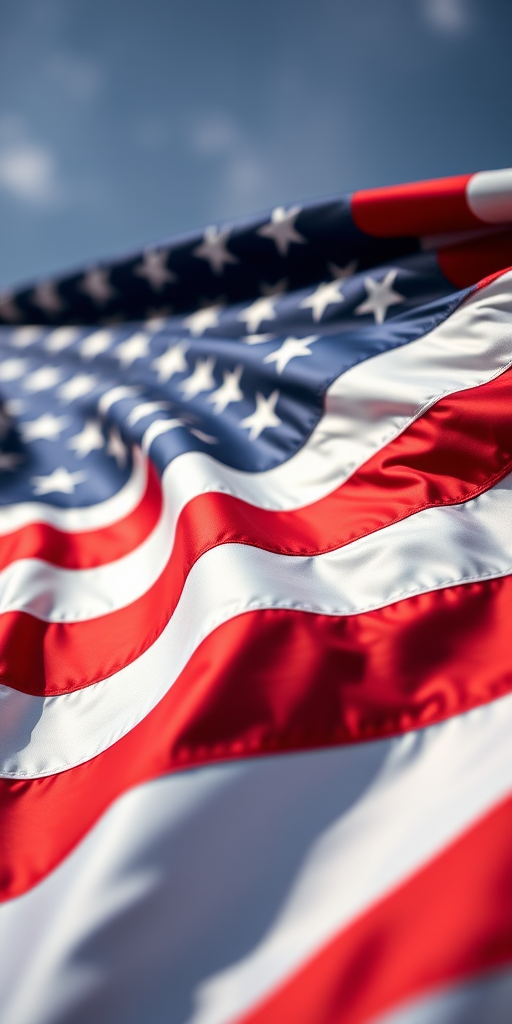 Create an image of a waving American flag with vibrant colors, using a DSLR camera with a 50mm lens, aperture set to f/8, ISO 100, and a shutter speed of 1/125s, captured from a low angle to enhance depth and texture.