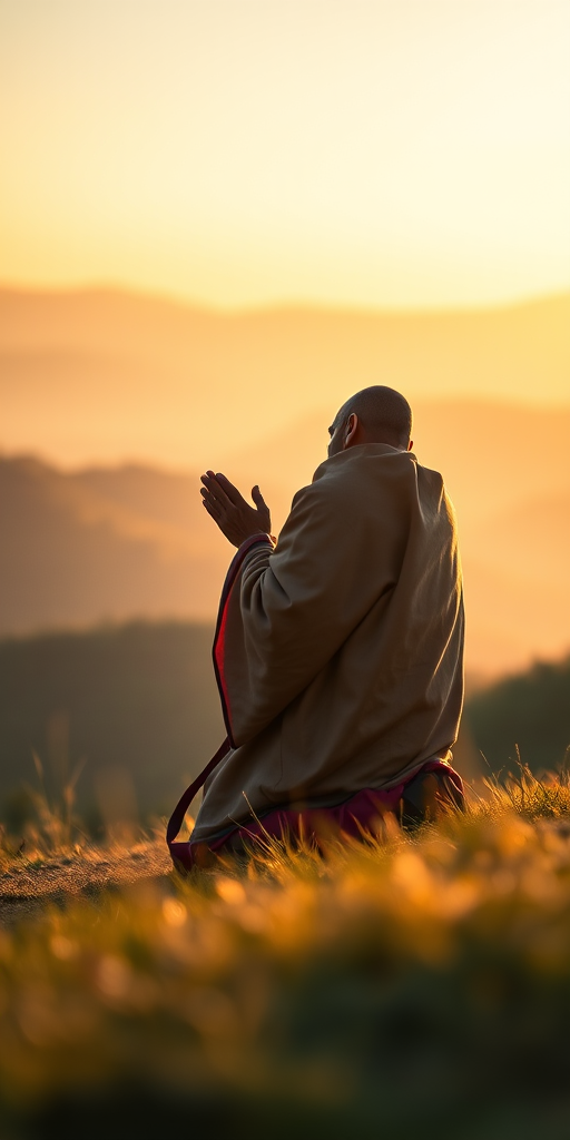 Create a serene landscape featuring a male figure in traditional robes kneeling in prayer on a hillside, captured with a Canon EOS R5, 50mm lens, f/1.8 aperture, ISO 100, natural light during golden hour, shallow depth of field for soft background focus.