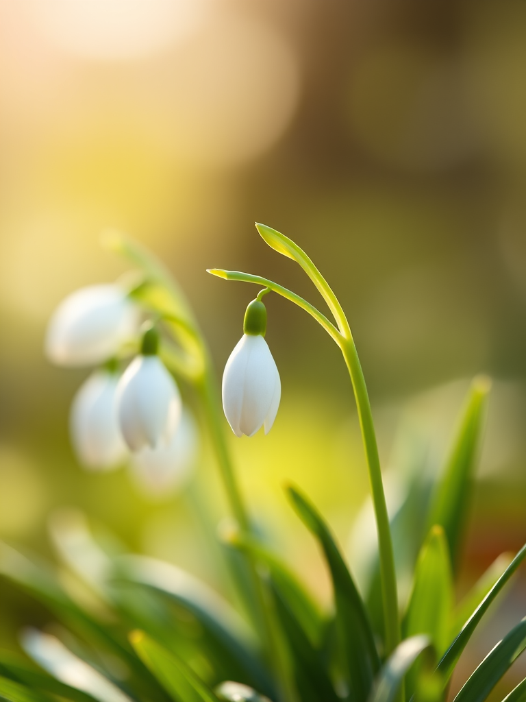 snowdrops in soft focus with bokeh background, macro lens, aperture f/2.8, ISO 100, 50mm lens, natural light, DSLR camera, shallow depth of field