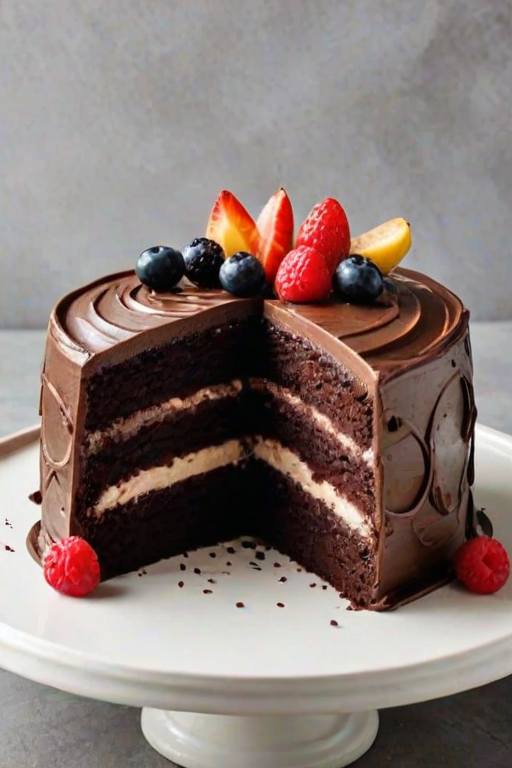 Create an image of a two-layer chocolate cake with a rich chocolate frosting on top and a creamy filling made of buttercream and fruit preserves in the middle. The cake should have a smooth, elegant design with decorative chocolate swirls on top, placed on a simple white plate against a neutral background.