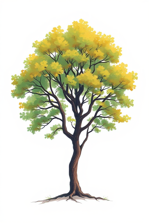 Create a detailed illustration of a stylized tree in a minimalist design, using a Canon EOS R6, 50mm f/1.8 lens, ISO 100, aperture f/2.8, with a shallow depth of field and soft natural lighting to enhance color vibrancy and texture.